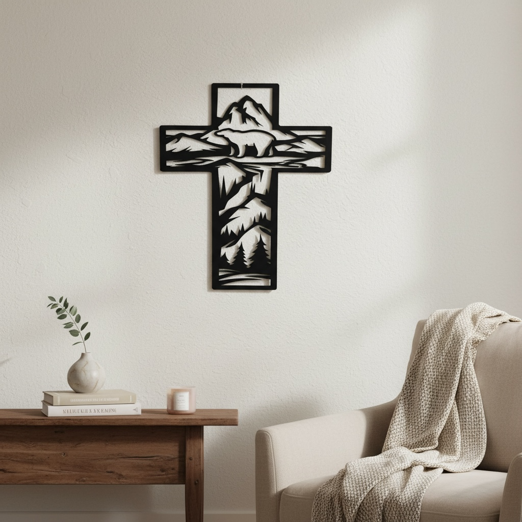 Metal Cross Wall Art with Bear in the Mountains Nature Scene | Christian Home Decor | Rustic Faith Cross | Outdoor or Indoor Religious Gift