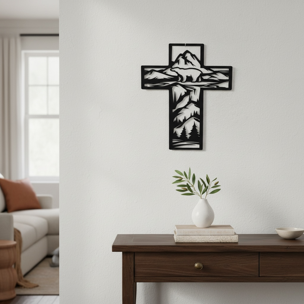 Metal Cross Wall Art with Bear in the Mountains Nature Scene | Christian Home Decor | Rustic Faith Cross | Outdoor or Indoor Religious Gift