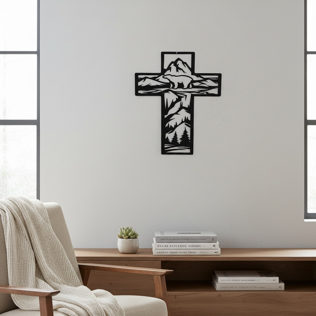 Metal Cross Wall Art with Bear in the Mountains Nature Scene | Christian Home Decor | Rustic Faith Cross | Outdoor or Indoor Religious Gift