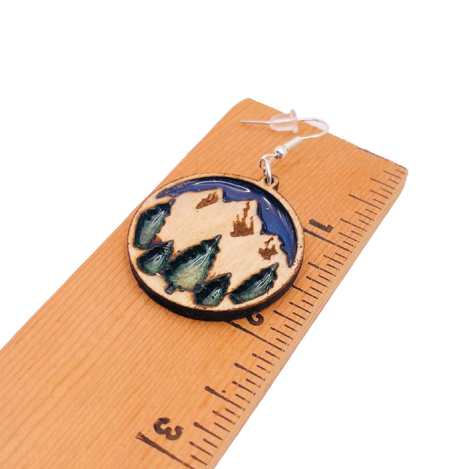 Beautiful mountain dangle earrings with twilight blue sky and enchanted forest green trees are lightweight, comfortable and easy to wear all day.