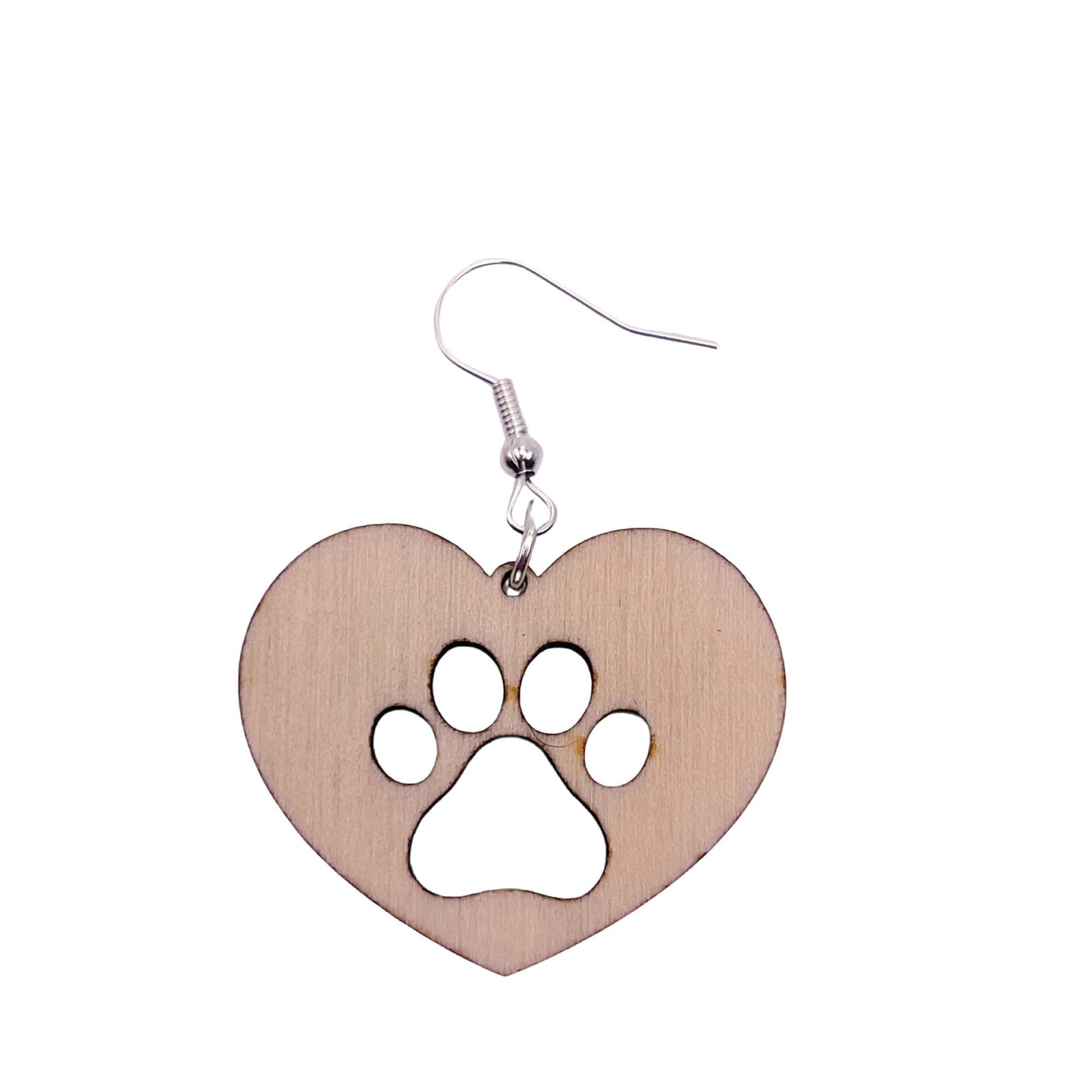 Solid heart dangle earring with a single paw print to show the love for your favorite dog or cat. They are laser cut, lightweight birchwood dangle earring that can be worn easily all day. Great gift for mom or any pet lover.