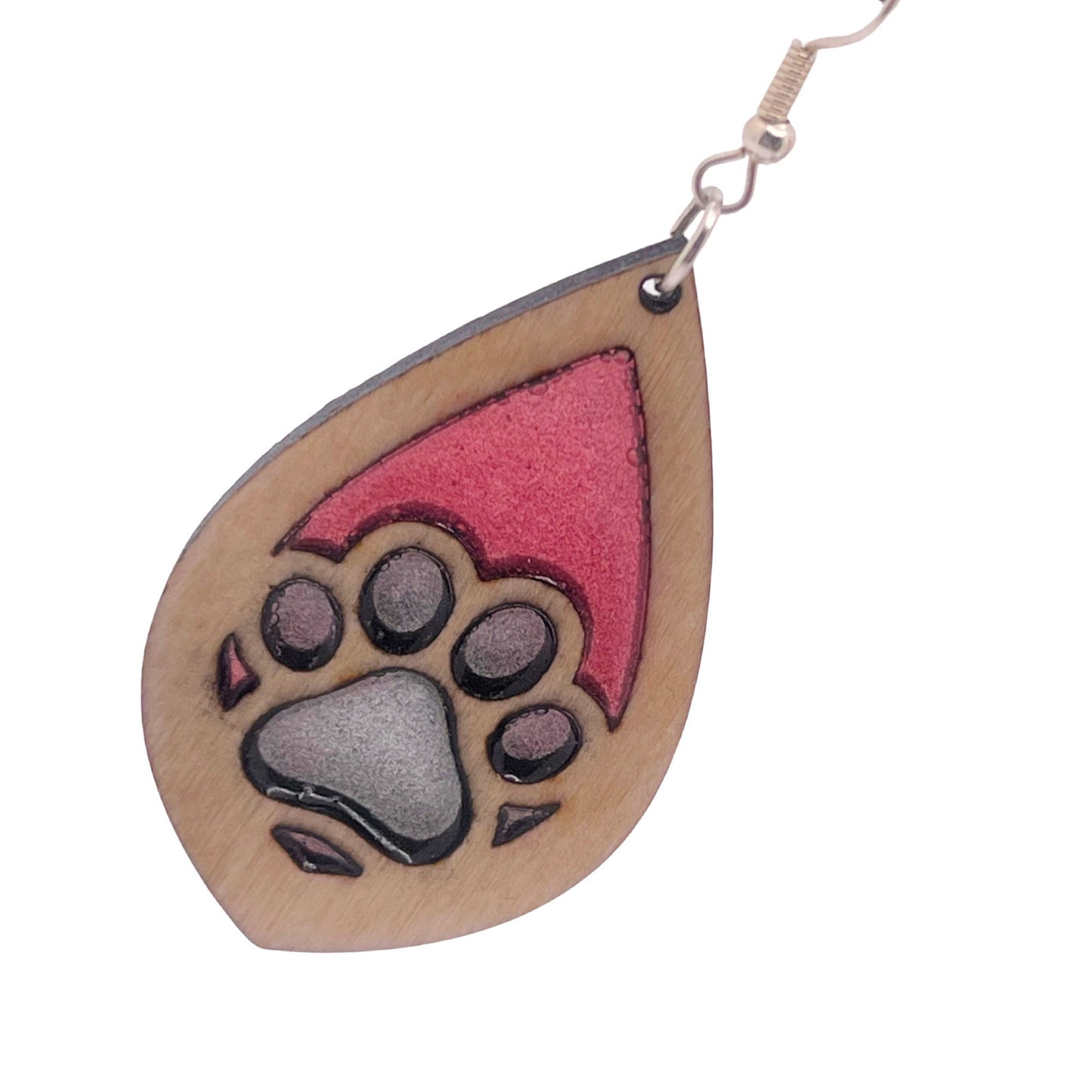 Tear drop dangle earring with a single paw print with pink and black resin.  Show the love for your favorite dog or cat! They are laser cut, lightweight birchwood dangle earring that can be worn easily all day. Great gift for mom or any pet lover.