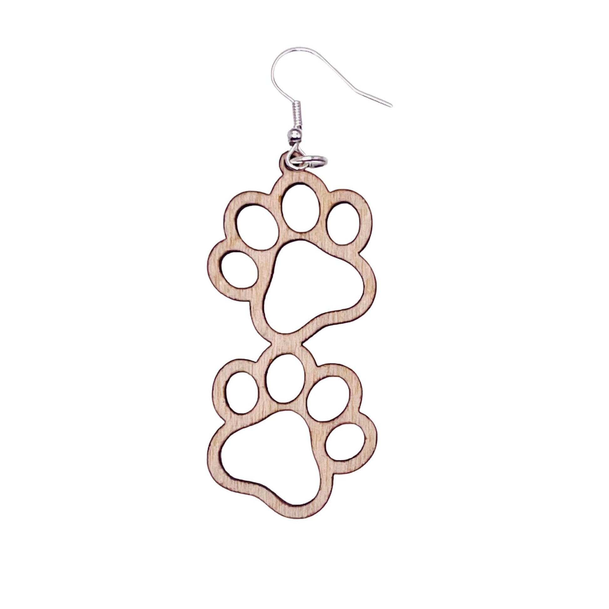 Double paw print dangle earrings to show the love for your favorite dog or cat. They are laser cut, lightweight birchwood that can be worn easily all day. 

Wood is a natural material. There will be color, texture and grain variations may occur.