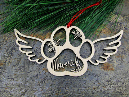 Personalized Dog or Cat Paw Angel Wings Memorial Ornament, Pet Memorial Ornament, Custom Paw Prints in Heaven Christmas Ornament, for dog loss or cat loss. Choose no snowflakes, snowflakes or turtles for serenity. Rainbow bridge sympathy gift.