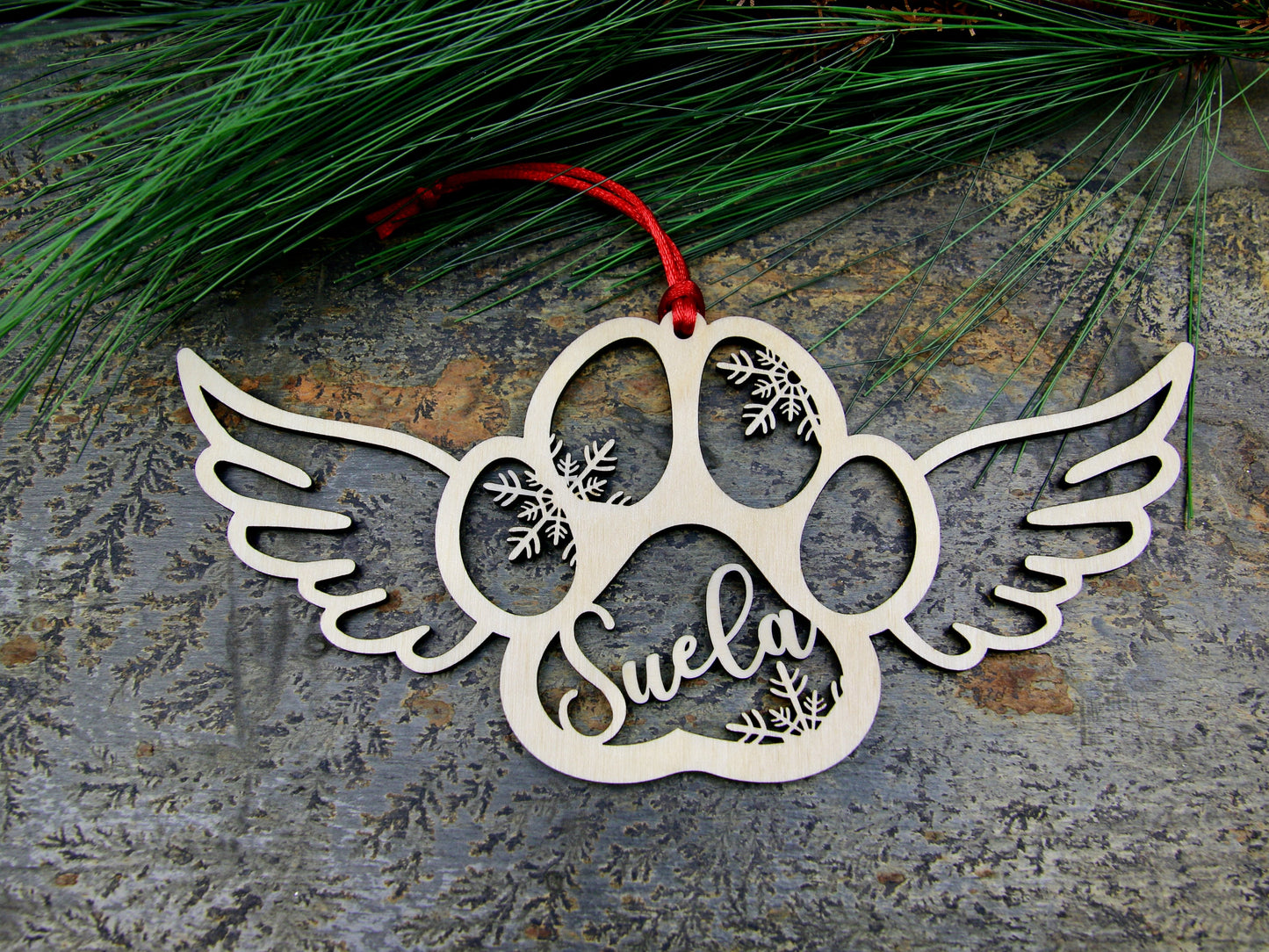 Personalized Dog or Cat Paw Angel Wings Memorial Ornament, Pet Memorial Ornament, Custom Paw Prints in Heaven Christmas Ornament, for dog loss or cat loss. Choose no snowflakes, snowflakes or turtles for serenity. Rainbow bridge sympathy gift.