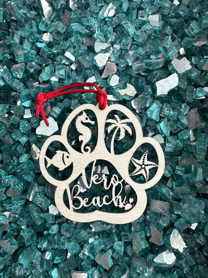 Beach Dog or Cat Paw Print Ornament, Custom Ocean Pet Memorial, Coastal Paw Prints in Heaven Christmas Ornament with red ribbon