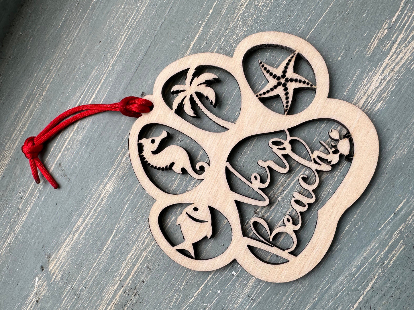 Beach Dog or Cat Paw Print Ornament, Custom Ocean Pet Memorial, Coastal Paw Prints in Heaven Christmas Ornament with red ribbon