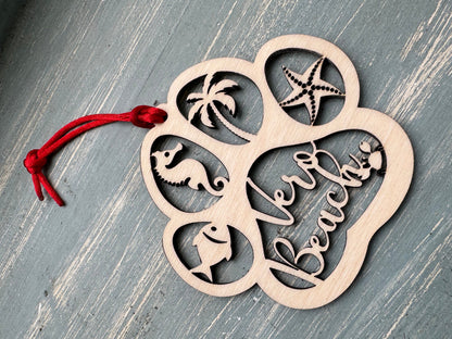 Beach Dog or Cat Paw Print Ornament, Custom Ocean Pet Memorial, Coastal Paw Prints in Heaven Christmas Ornament with red ribbon