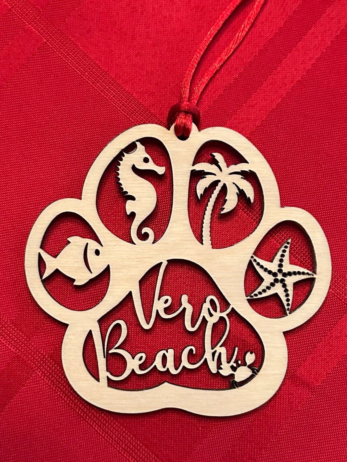 Beach Dog or Cat Paw Print Ornament, Custom Ocean Pet Memorial, Coastal Paw Prints in Heaven Christmas Ornament with red ribbon