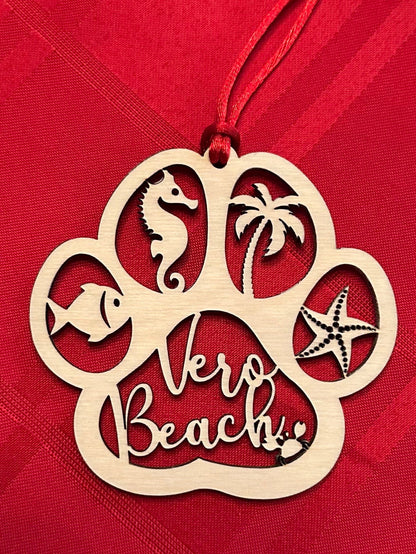 Beach Dog or Cat Paw Print Ornament, Custom Ocean Pet Memorial, Coastal Paw Prints in Heaven Christmas Ornament with red ribbon