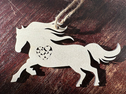 Galloping Horse Ornament with Heart, Custom Equestrian Gift, Personalized Gift for Birthday, Valentines Day, Mothers Day, Holiday or Wedding