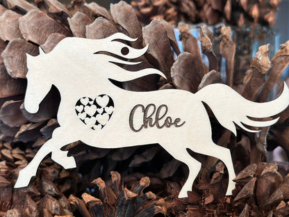 Galloping Horse Ornament with Heart, Custom Equestrian Gift, Personalized Gift for Birthday, Valentines Day, Mothers Day, Holiday or Wedding