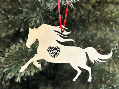 Galloping Horse Ornament with Heart, Custom Equestrian Gift, Personalized Gift for Birthday, Valentines Day, Mothers Day, Holiday or Wedding