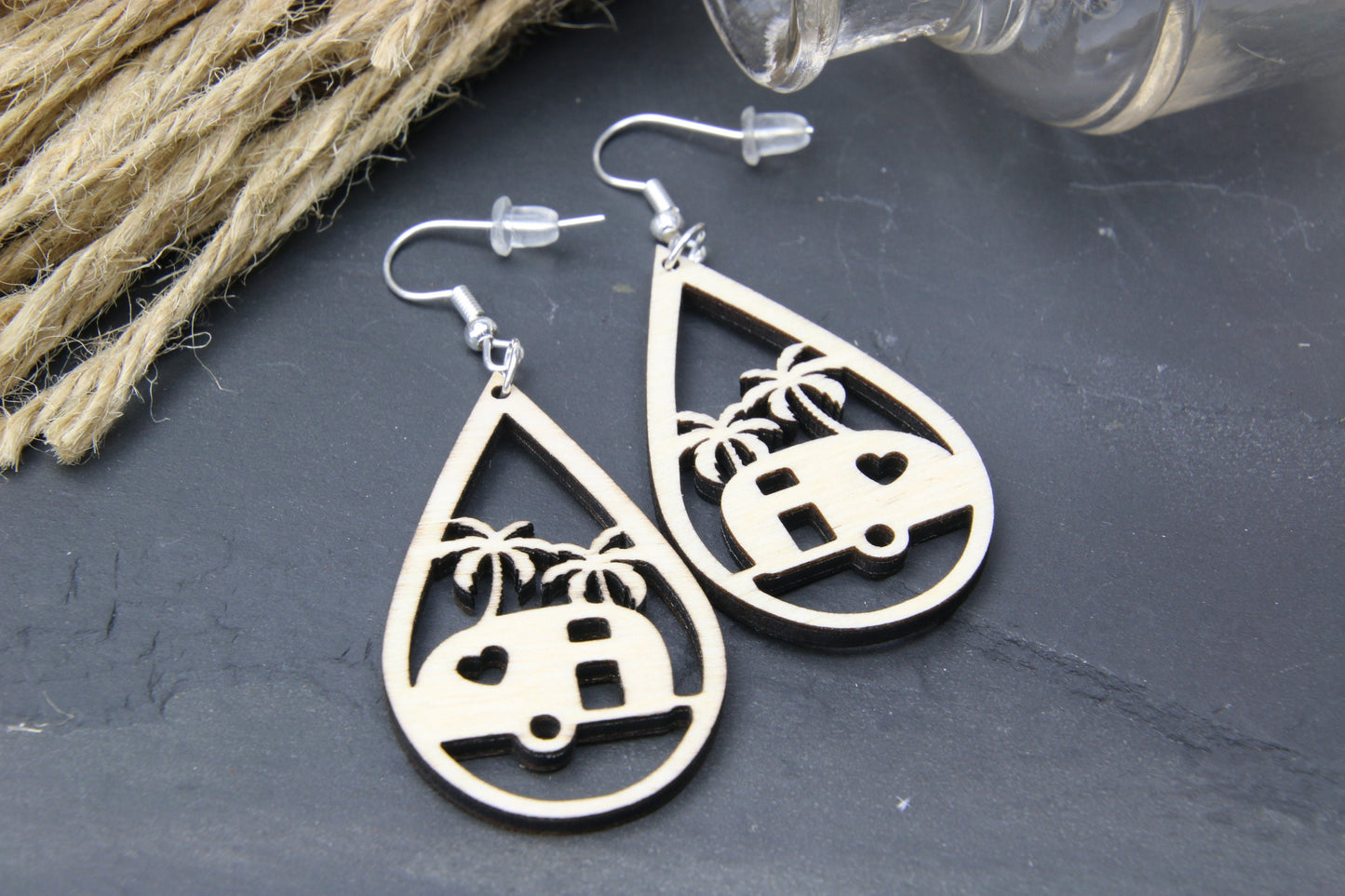 Tropical Camping Earrings, Travel Trailer Teardrop, Palm Tree RV Glamping Gift for Her, Happy Camper Gift, Summer Outdoor Adventure Jewelry