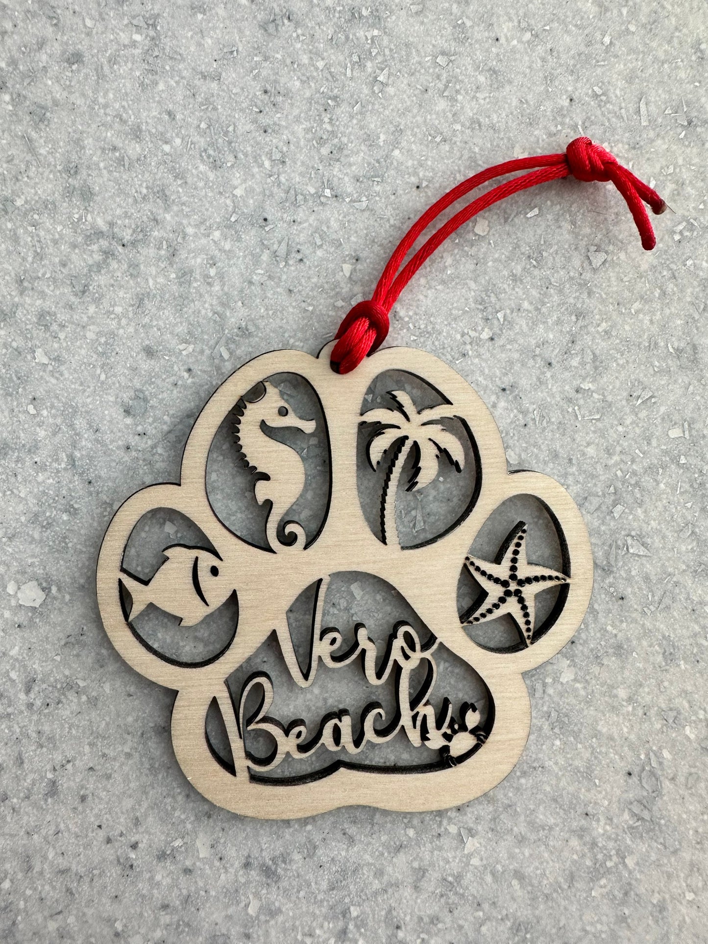 Beach Dog or Cat Paw Print Ornament, Custom Ocean Pet Memorial, Coastal Paw Prints in Heaven Christmas Ornament with red ribbon