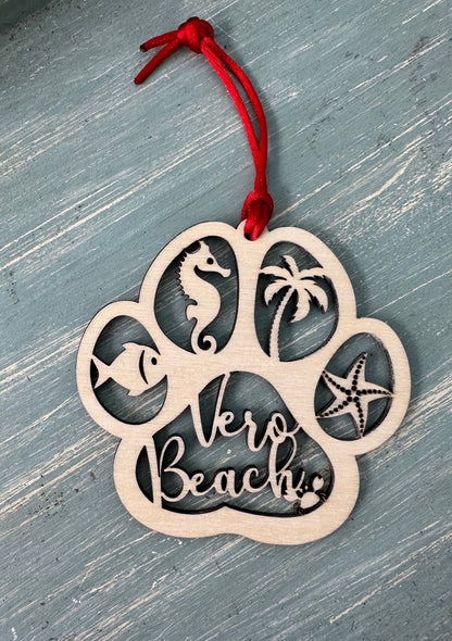 Beach Dog or Cat Paw Print Ornament, Custom Ocean Pet Memorial, Coastal Paw Prints in Heaven Christmas Ornament with red ribbon