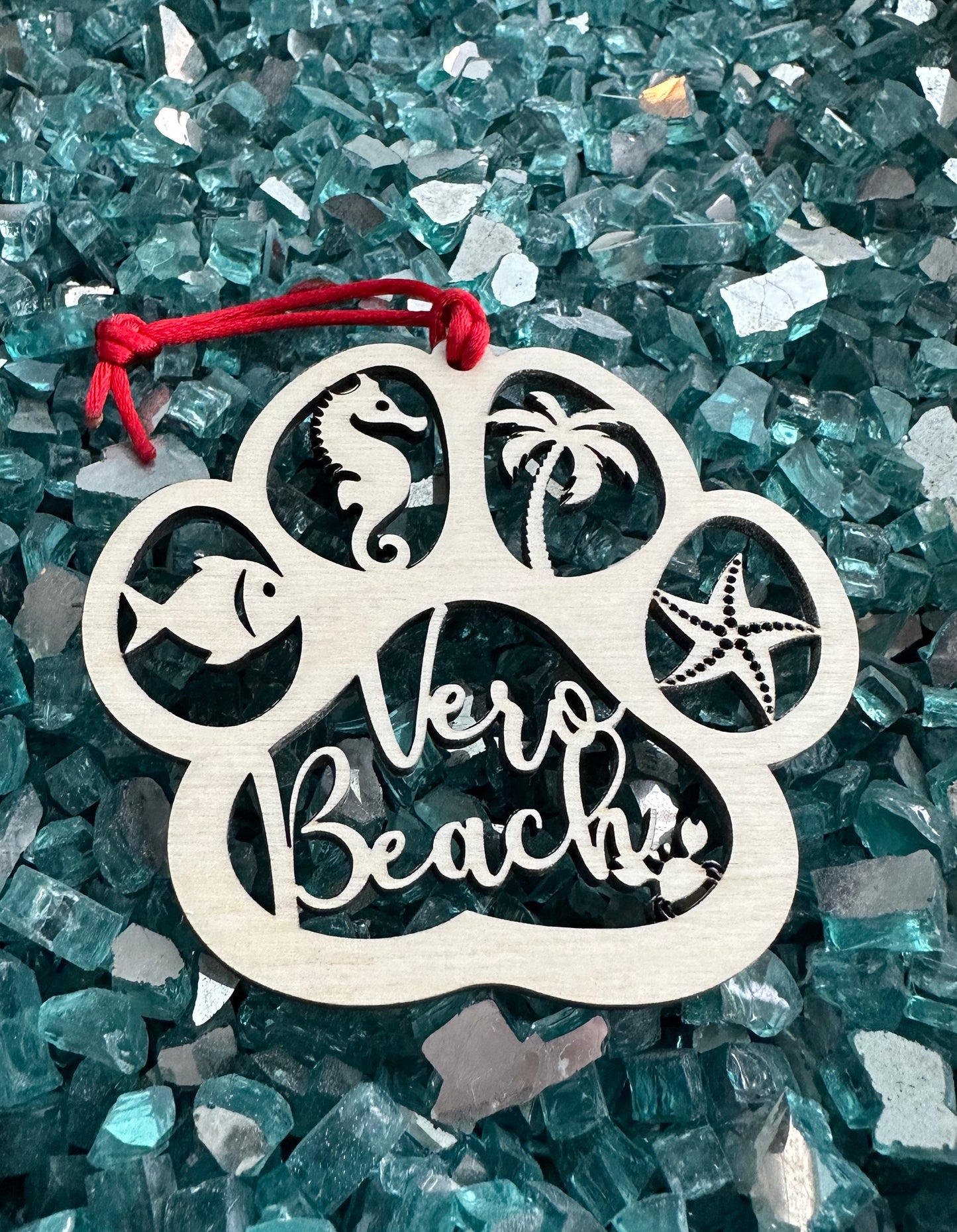 Beach Dog or Cat Paw Print Ornament, Custom Ocean Pet Memorial, Coastal Paw Prints in Heaven Christmas Ornament with red ribbon