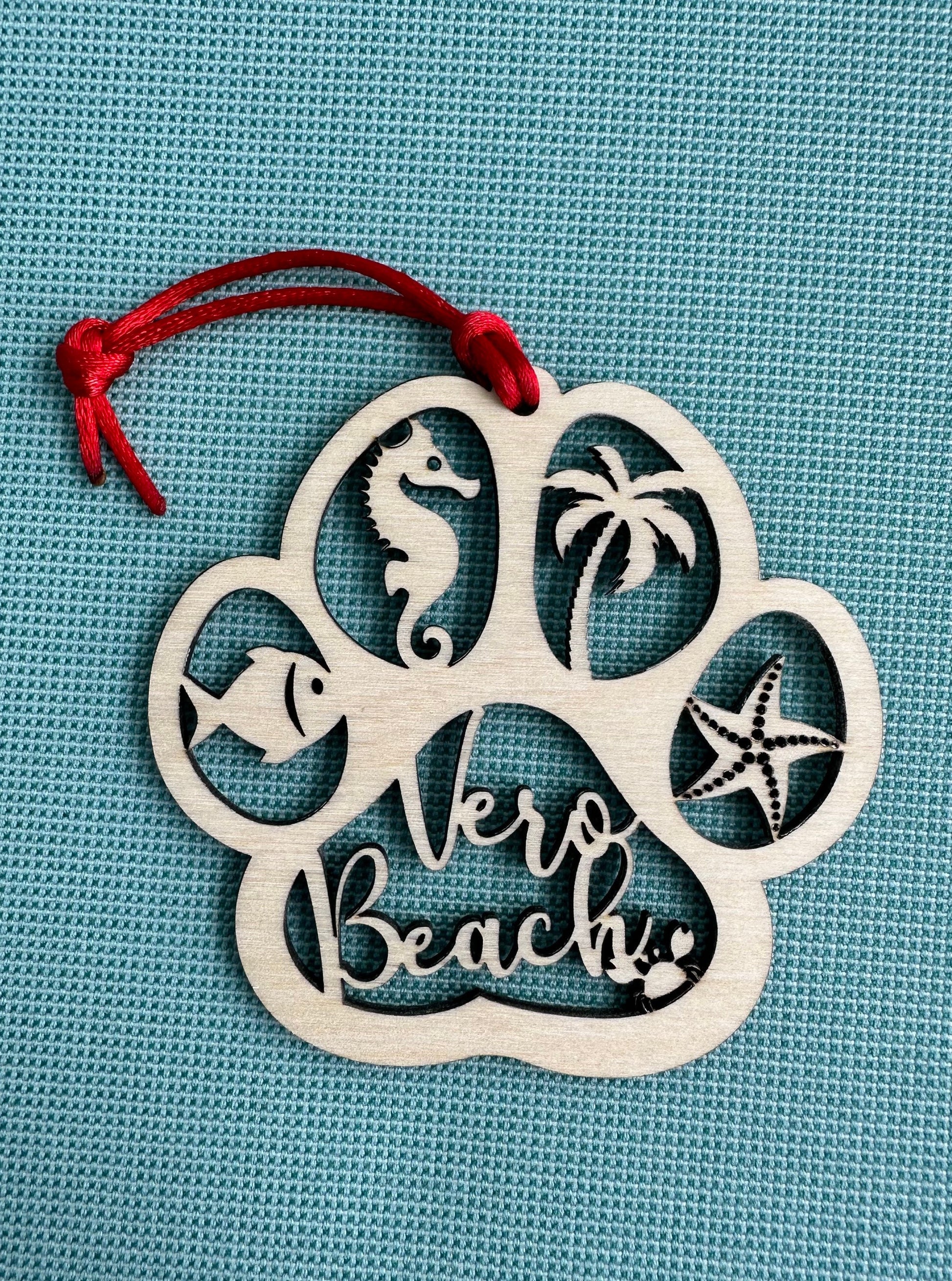Beach Dog or Cat Paw Print Ornament, Custom Ocean Pet Memorial, Coastal Paw Prints in Heaven Christmas Ornament with red ribbon