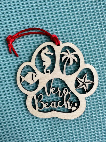 Beach Dog or Cat Paw Print Ornament, Custom Ocean Pet Memorial, Coastal Paw Prints in Heaven Christmas Ornament with red ribbon