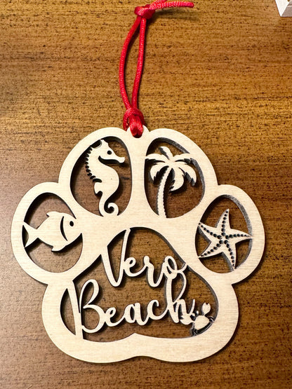 Beach Dog or Cat Paw Print Ornament, Custom Ocean Pet Memorial, Coastal Paw Prints in Heaven Christmas Ornament with red ribbon