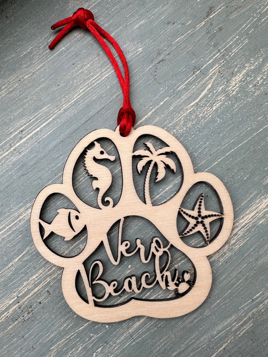 Beach Dog or Cat Paw Print Ornament, Custom Ocean Pet Memorial, Coastal Paw Prints in Heaven Christmas Ornament with red ribbon
