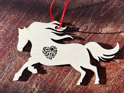 Galloping Horse Ornament with Heart, Custom Equestrian Gift, Personalized Gift for Birthday, Valentines Day, Mothers Day, Holiday or Wedding