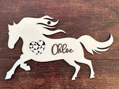 Galloping Horse Ornament with Heart, Custom Equestrian Gift, Personalized Gift for Birthday, Valentines Day, Mothers Day, Holiday or Wedding