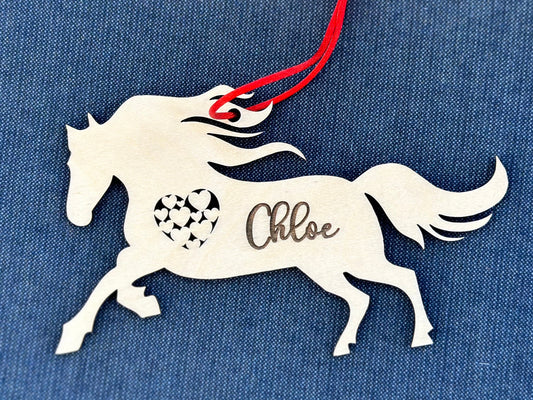Galloping Horse Ornament with Heart, Custom Equestrian Gift, Personalized Gift for Birthday, Valentines Day, Mothers Day, Holiday or Wedding