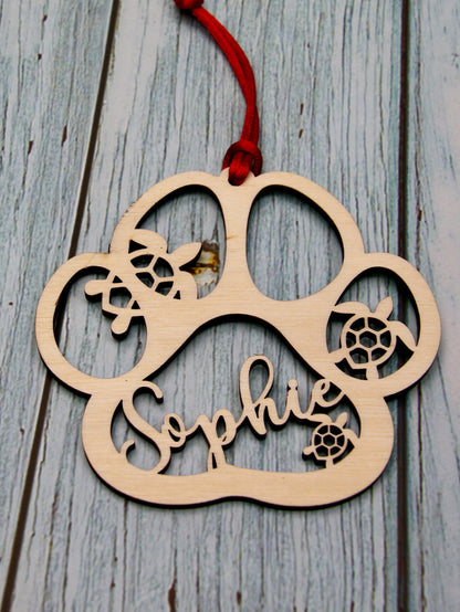 Custom Pet Paw Ornament, Turtle Design, Personalized Keepsake