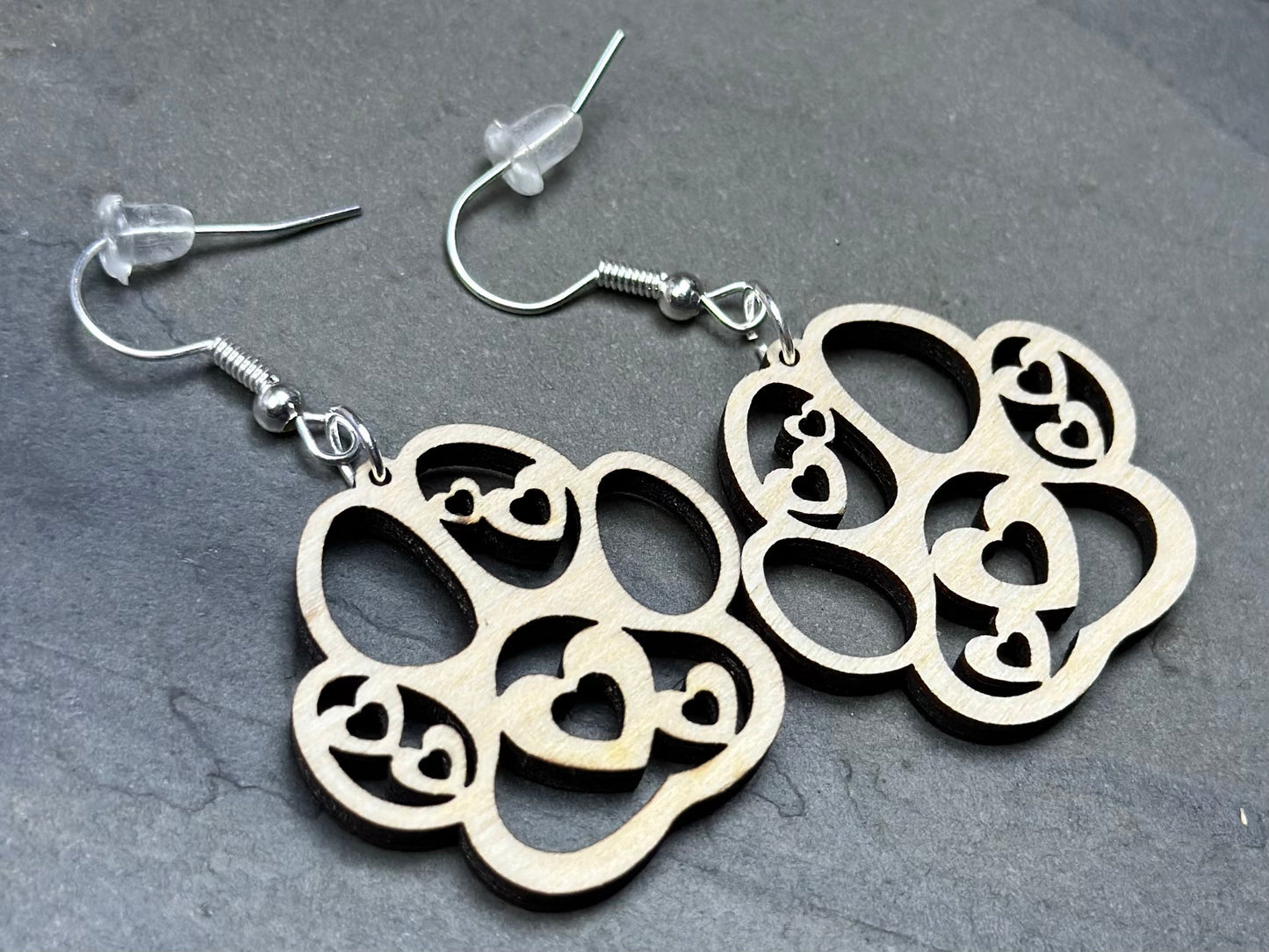 Heart Paw Print Dangle Earrings, Birchwood Pet Lover Gift