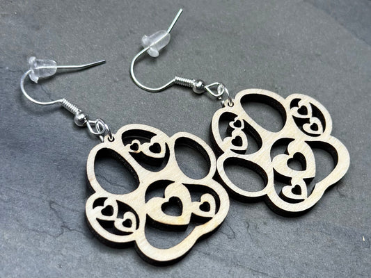 Heart Paw Print Dangle Earrings, Birchwood Pet Lover Gift