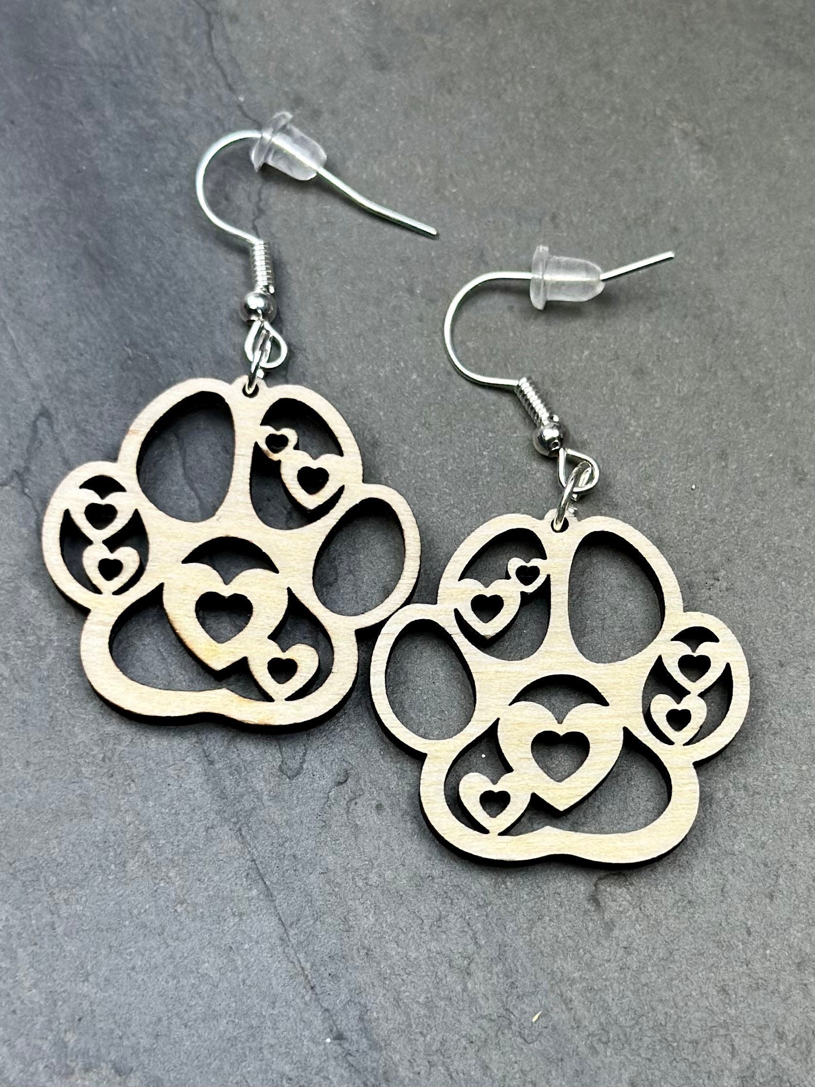 Heart Paw Print Dangle Earrings, Birchwood Pet Lover Gift