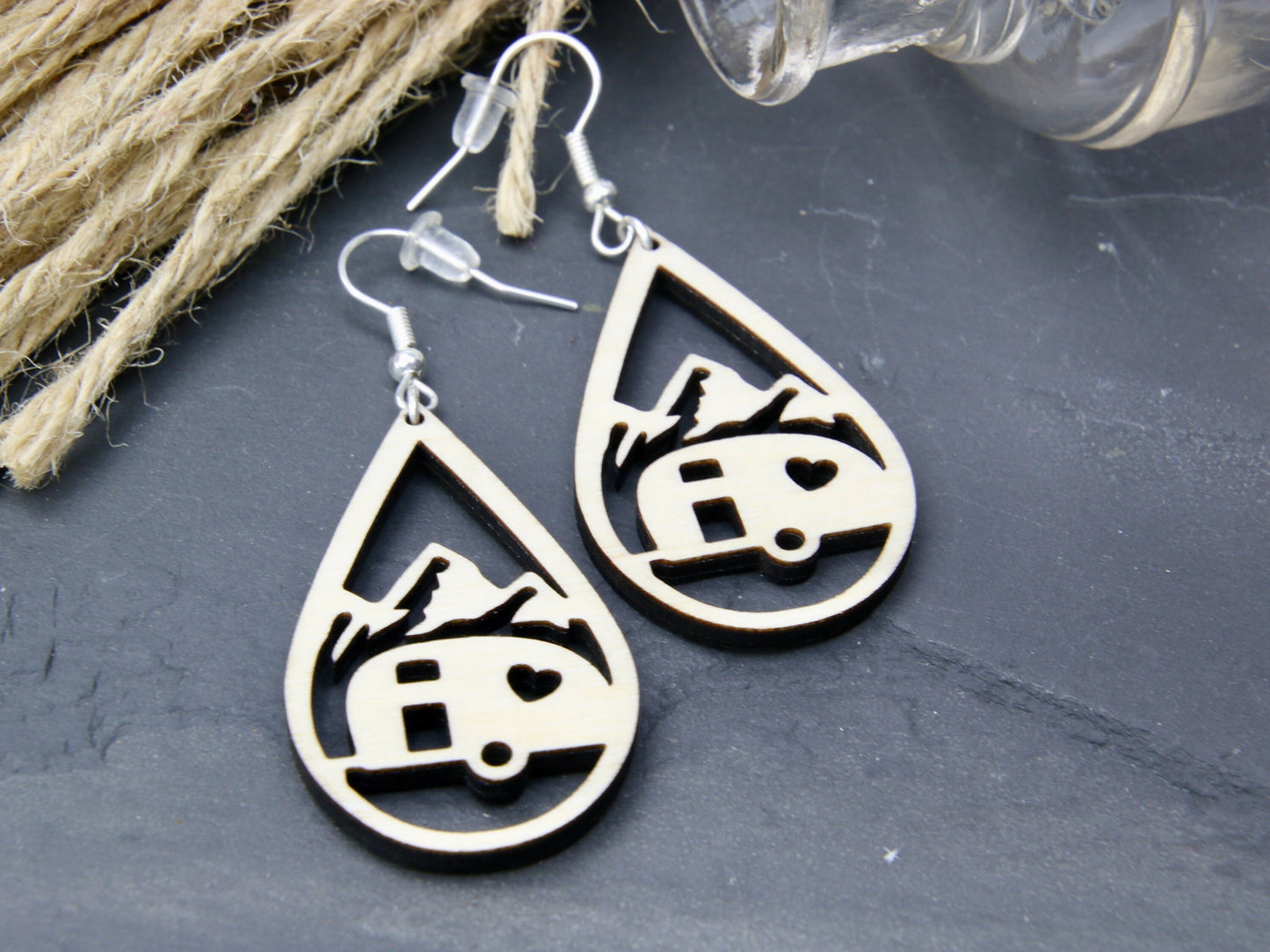 Mountain Camping Earrings, Travel Trailer Teardrop, RV Glamping Gift for Her, Unique Happy Camper Gift, Summer Outdoor Adventure Jewelry