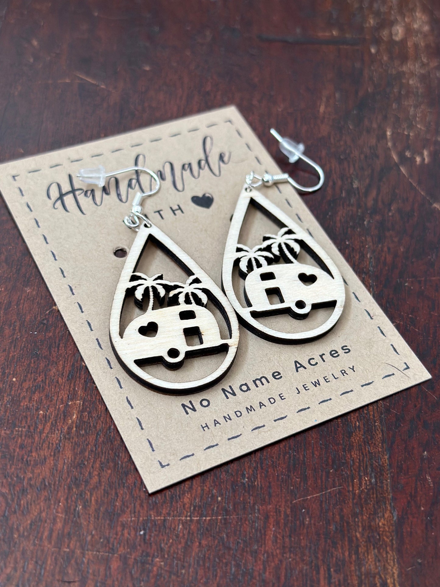 Tropical Camping Earrings, Travel Trailer Teardrop, Palm Tree RV Glamping Gift for Her, Happy Camper Gift, Summer Outdoor Adventure Jewelry