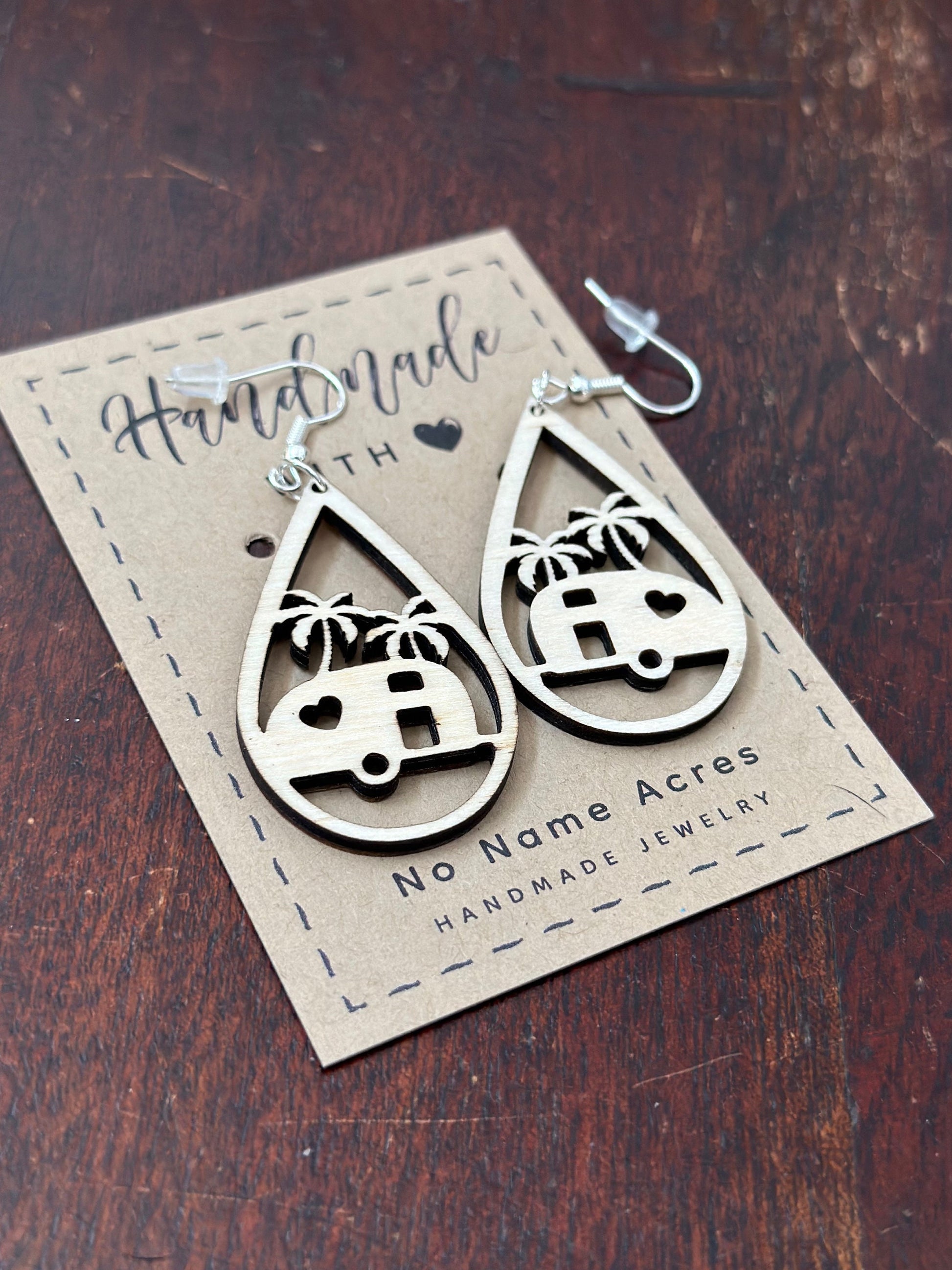 Tropical Camping Earrings, Travel Trailer Teardrop, Palm Tree RV Glamping Gift for Her, Happy Camper Gift, Summer Outdoor Adventure Jewelry