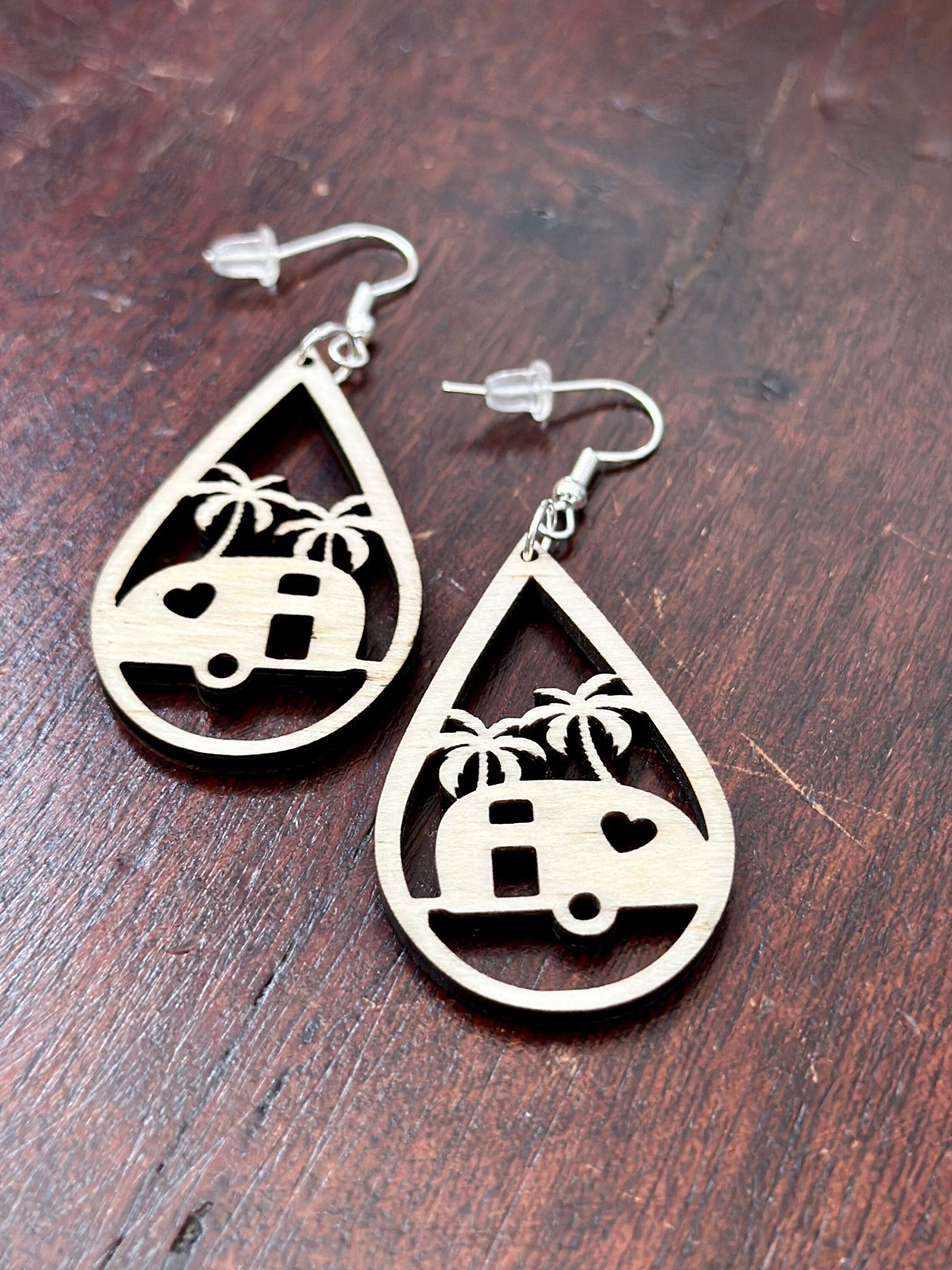 Tropical Camping Earrings, Travel Trailer Teardrop, Palm Tree RV Glamping Gift for Her, Happy Camper Gift, Summer Outdoor Adventure Jewelry