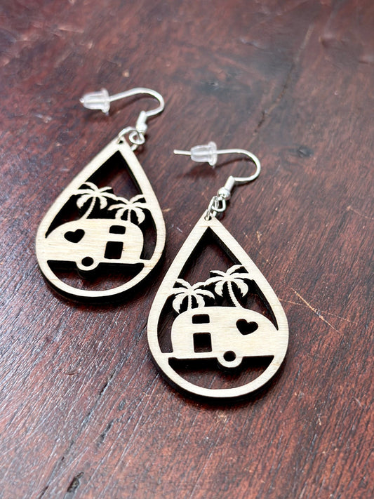 Tropical Camping Earrings, Travel Trailer Teardrop, Palm Tree RV Glamping Gift for Her, Happy Camper Gift, Summer Outdoor Adventure Jewelry