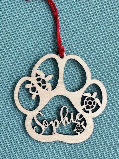 Turtle Custom Dog or Cat Paw Print Ornament Personalized with Name, Beach Paw Print Christmas Gift, Ocean Pet Memorial Keepsake Ornament