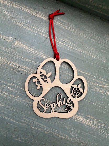 Turtle Custom Dog or Cat Paw Print Ornament Personalized with Name, Beach Paw Print Christmas Gift, Ocean Pet Memorial Keepsake Ornament