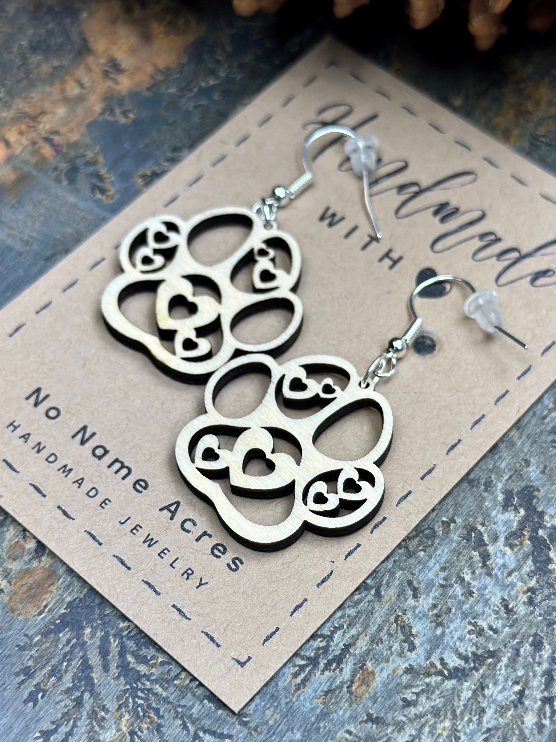 Heart Paw Print Dangle Earrings, Birchwood Pet Lover Gift