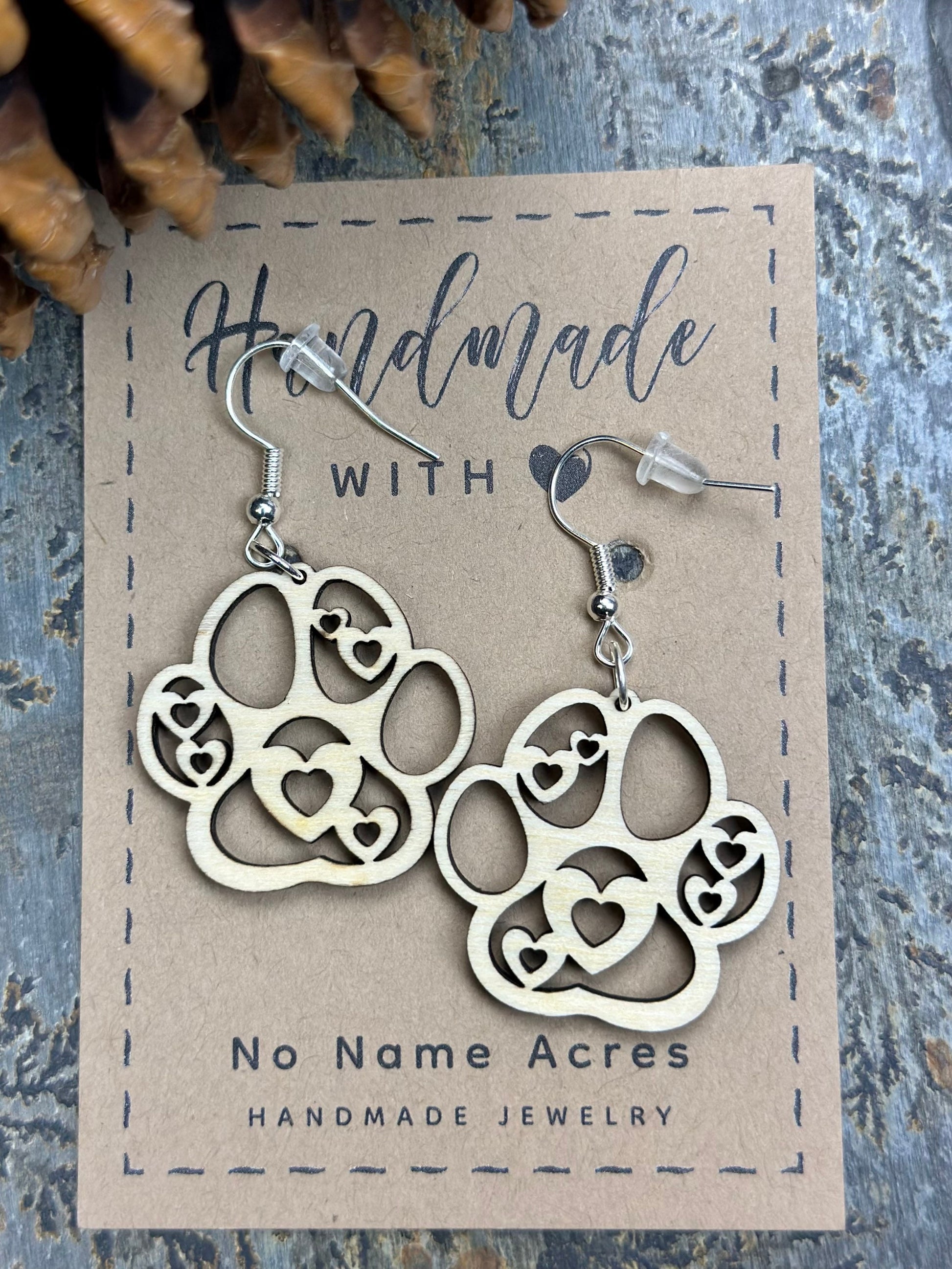 Heart Paw Print Dangle Earrings, Birchwood Pet Lover Gift