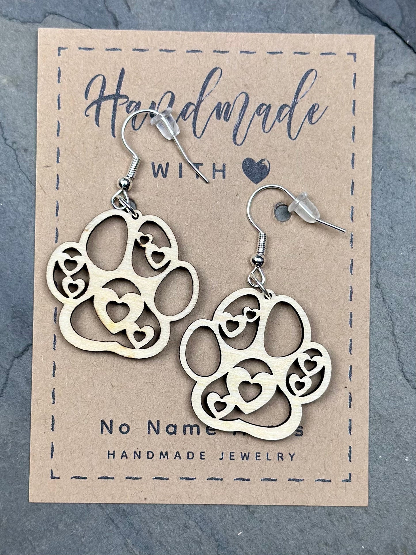 Heart Paw Print Dangle Earrings, Birchwood Pet Lover Gift
