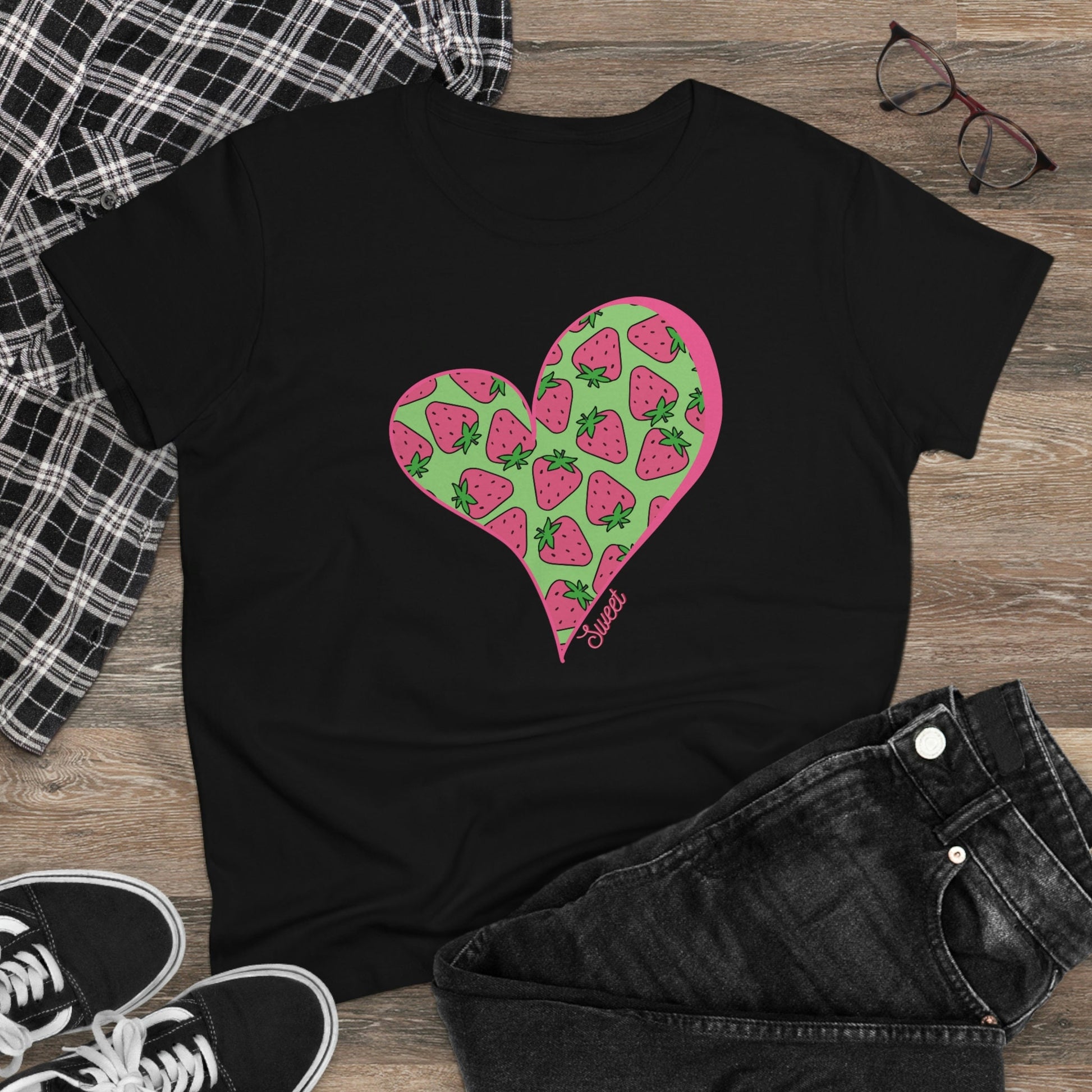 Strawberry Shirt for Women, Strawberries on Crew Neck Tee Shirt, Summer Garden Top, Clothing for Woman