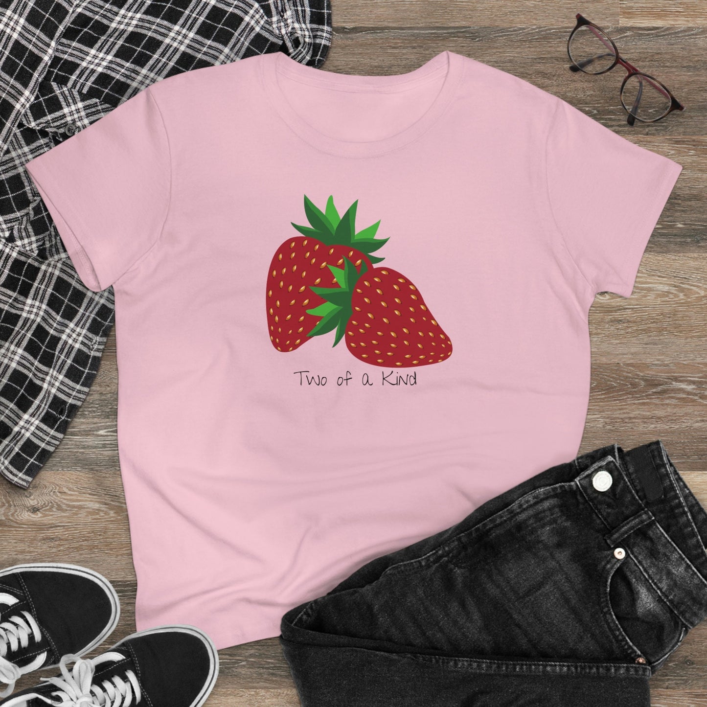 Two of a Kind Strawberry Shirt for Women, Strawberries on Crewneck Tee Shirt, Summer Garden Top, Colorful Clothing for Women