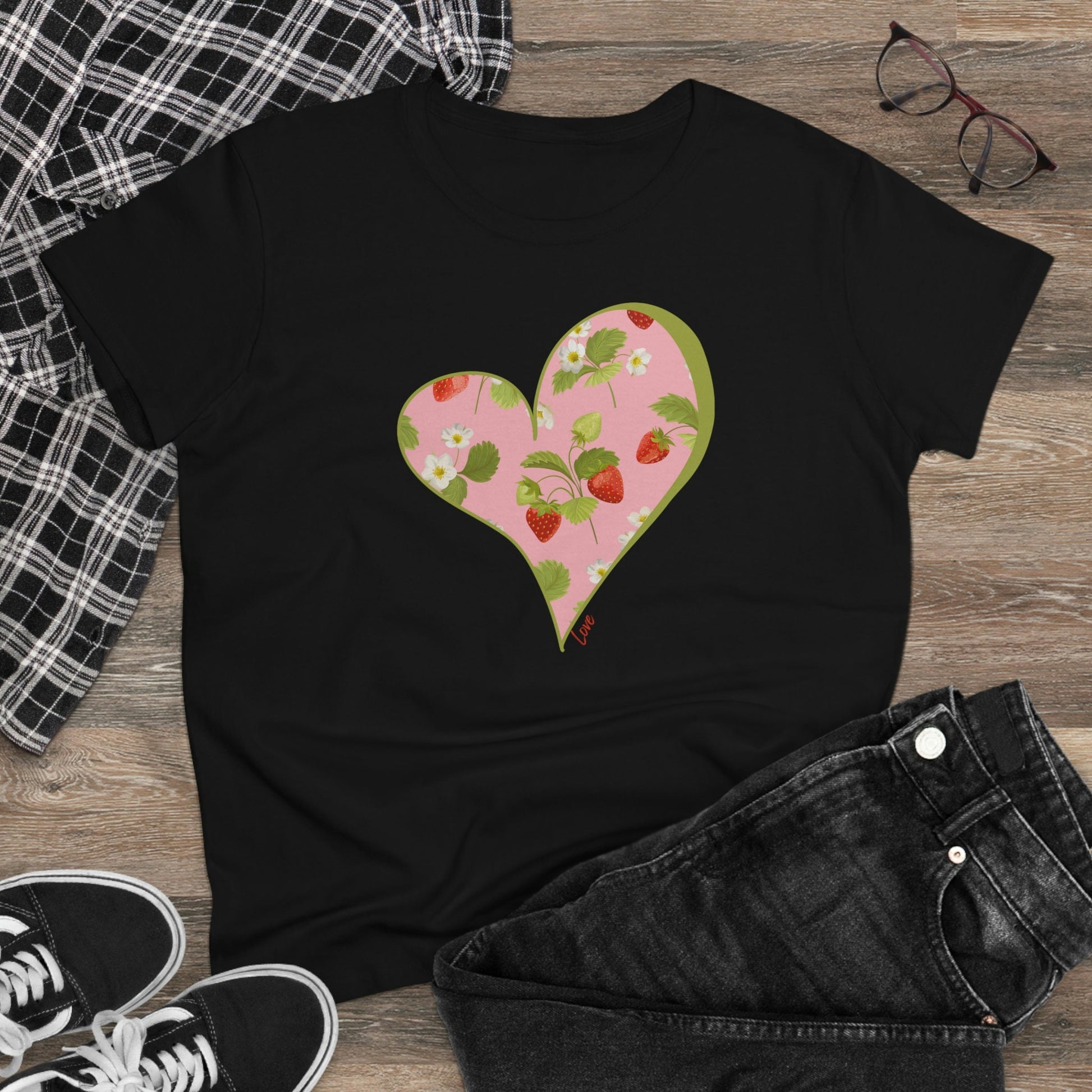 Pink Heart with Strawberries Shirt for Women, Strawberry Crewneck Tee Shirt, Summer Garden Top, Colorful Women Clothing, Mothers Day Gift