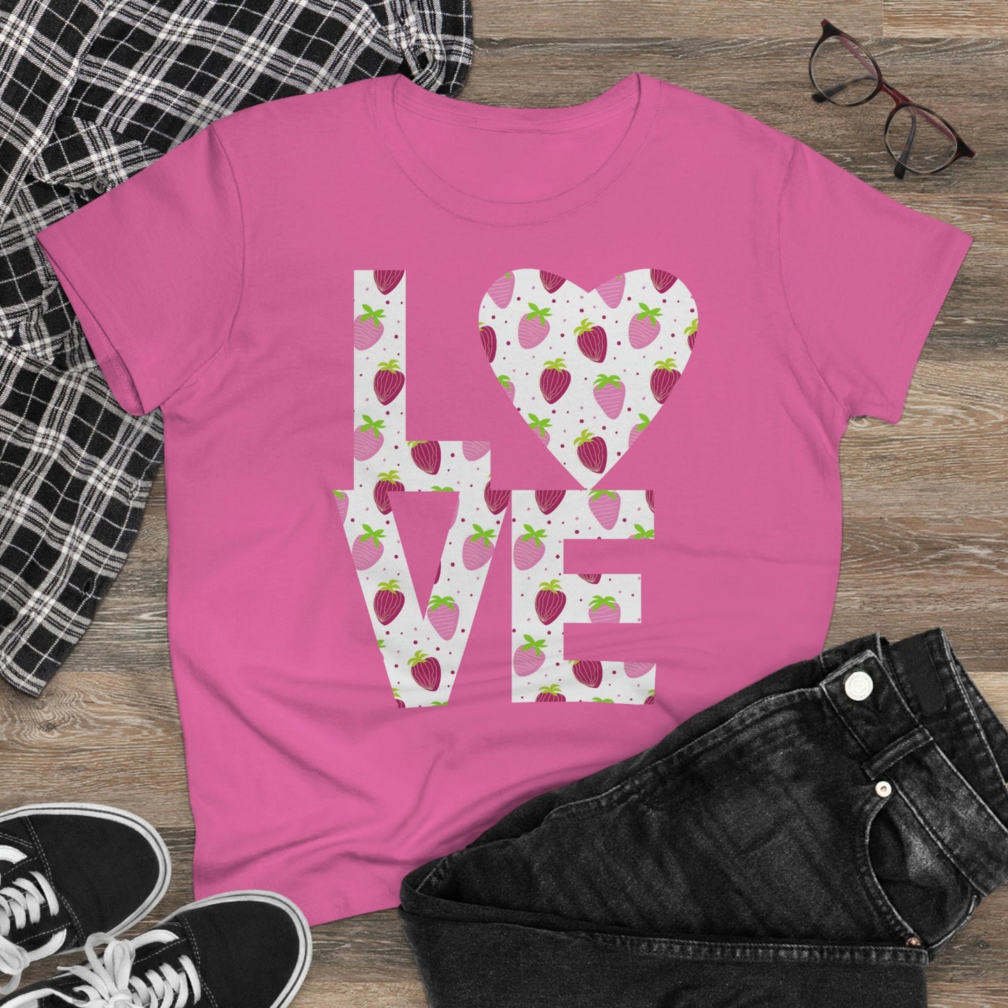 Pink and Purple Strawberry Love Shirt for Women, Strawberries on Crewneck Tee Shirt, Summer Garden Top, Colorful Clothing for Women