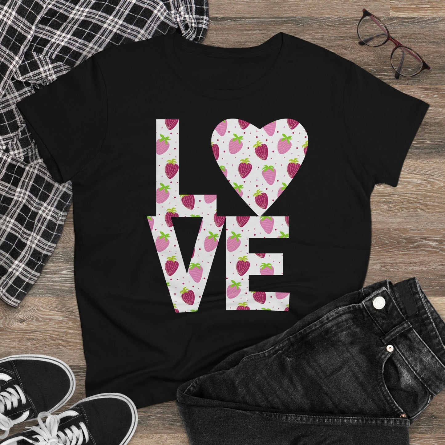 Pink and Purple Strawberry Love Shirt for Women, Strawberries on Crewneck Tee Shirt, Summer Garden Top, Colorful Clothing for Women