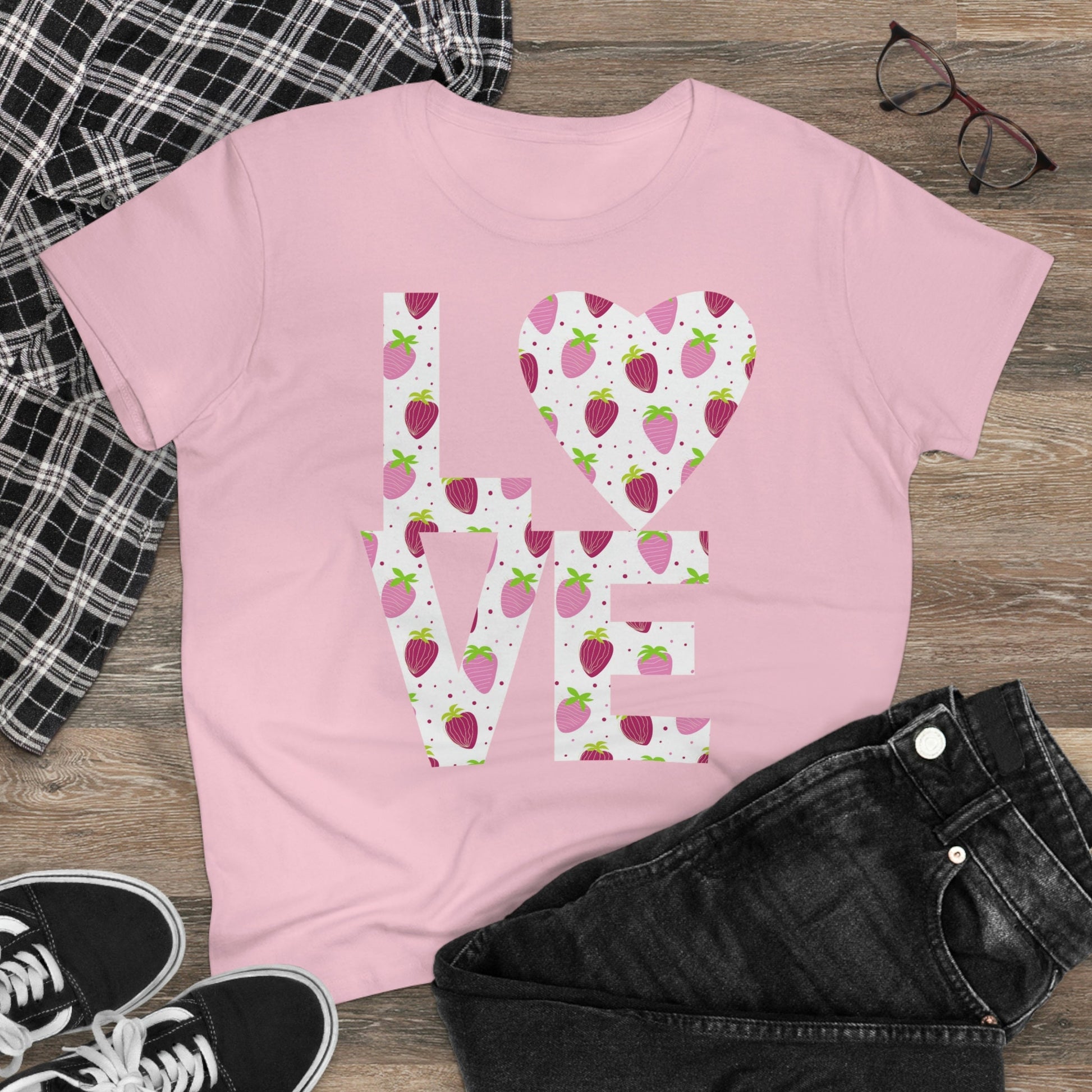 Pink and Purple Strawberry Love Shirt for Women, Strawberries on Crewneck Tee Shirt, Summer Garden Top, Colorful Clothing for Women
