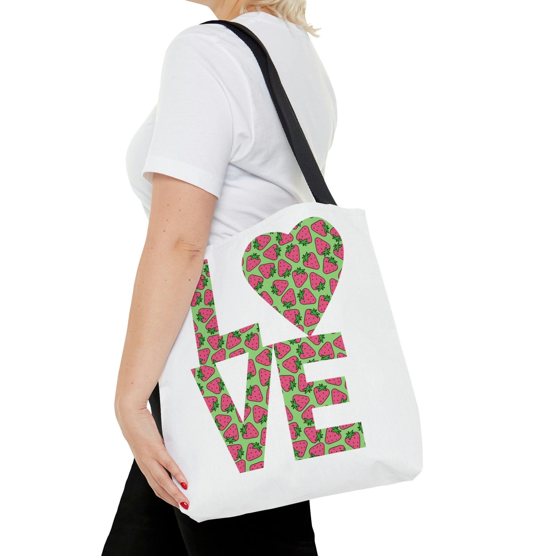 Strawberry Love Tote Bag - Cute and Fashionable Reusable Grocery Shopping and School Bag, Perfect gift for Moms, Dads, Teachers