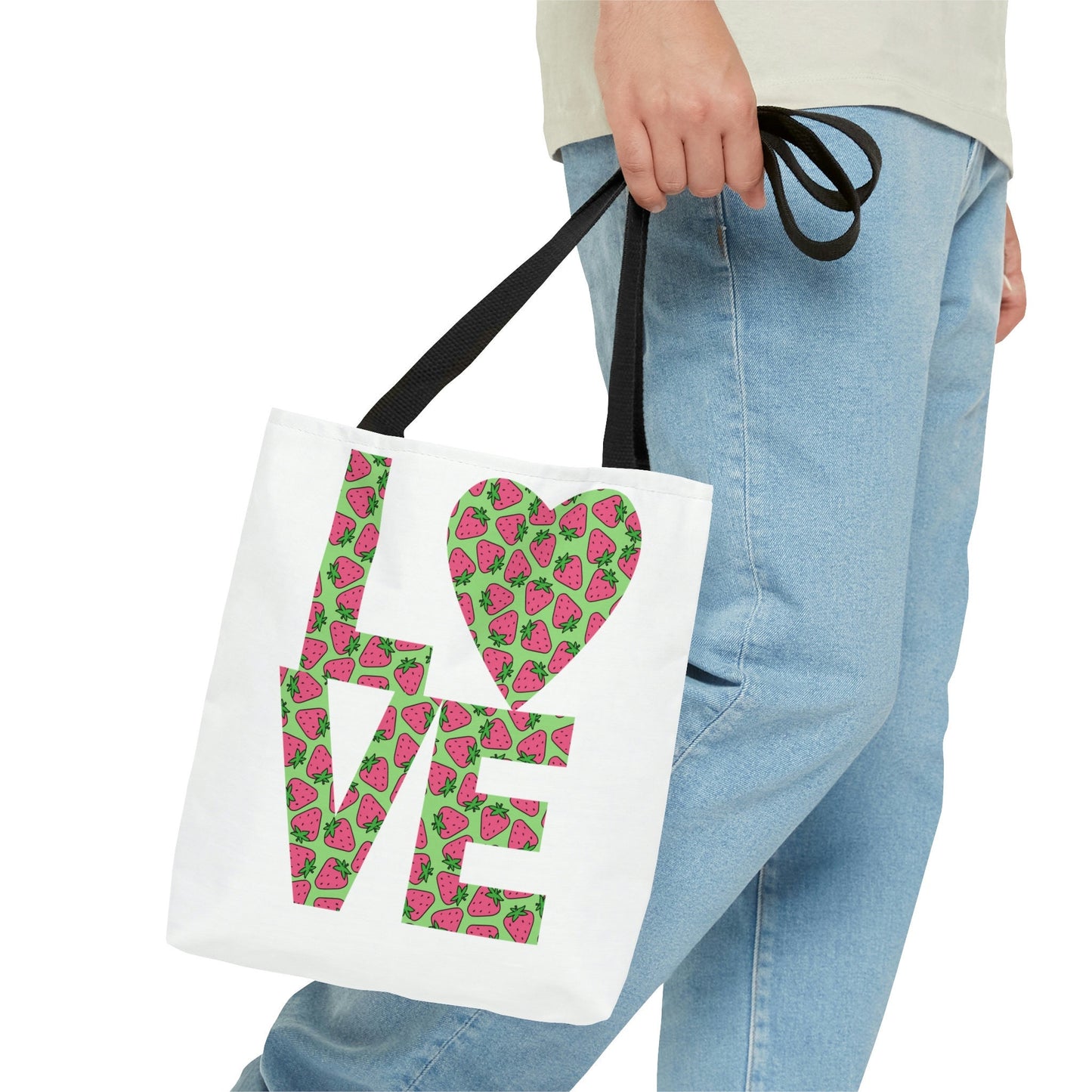Strawberry Love Tote Bag - Cute and Fashionable Reusable Grocery Shopping and School Bag, Perfect gift for Moms, Dads, Teachers